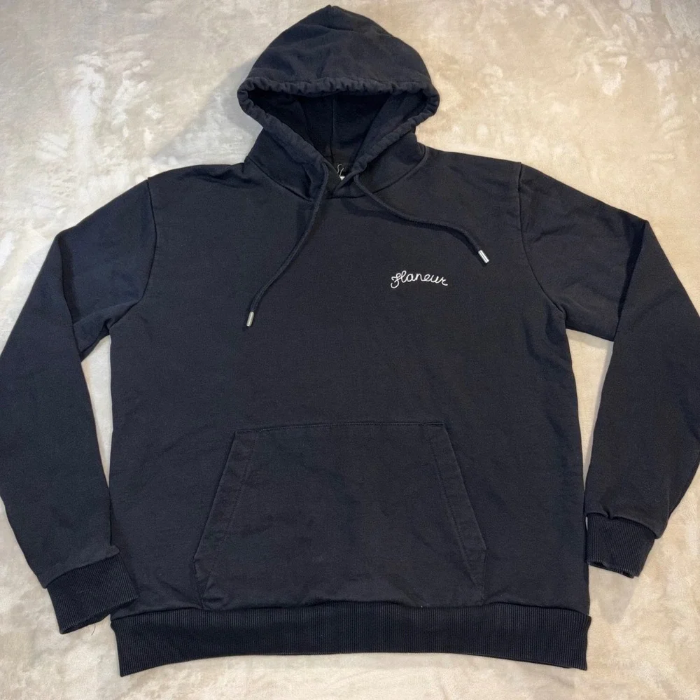 Flaneur Homme Script Logo Hoodie Mens Large Black Sweatshirt Streetwear